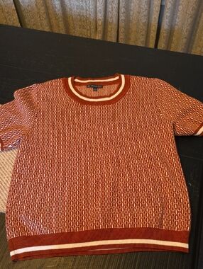Adrianna Papell Rust and White Geometric Crewneck Sweater